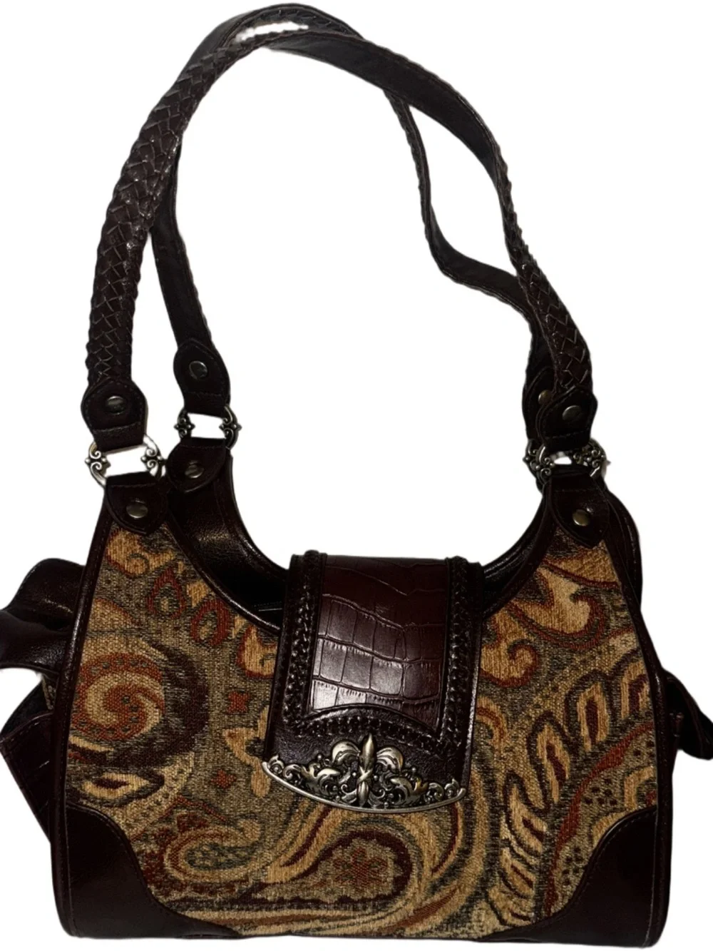VTG Bueno Brown Carpet Bag Leather w Silver Accents Snap Pockets on Each Side